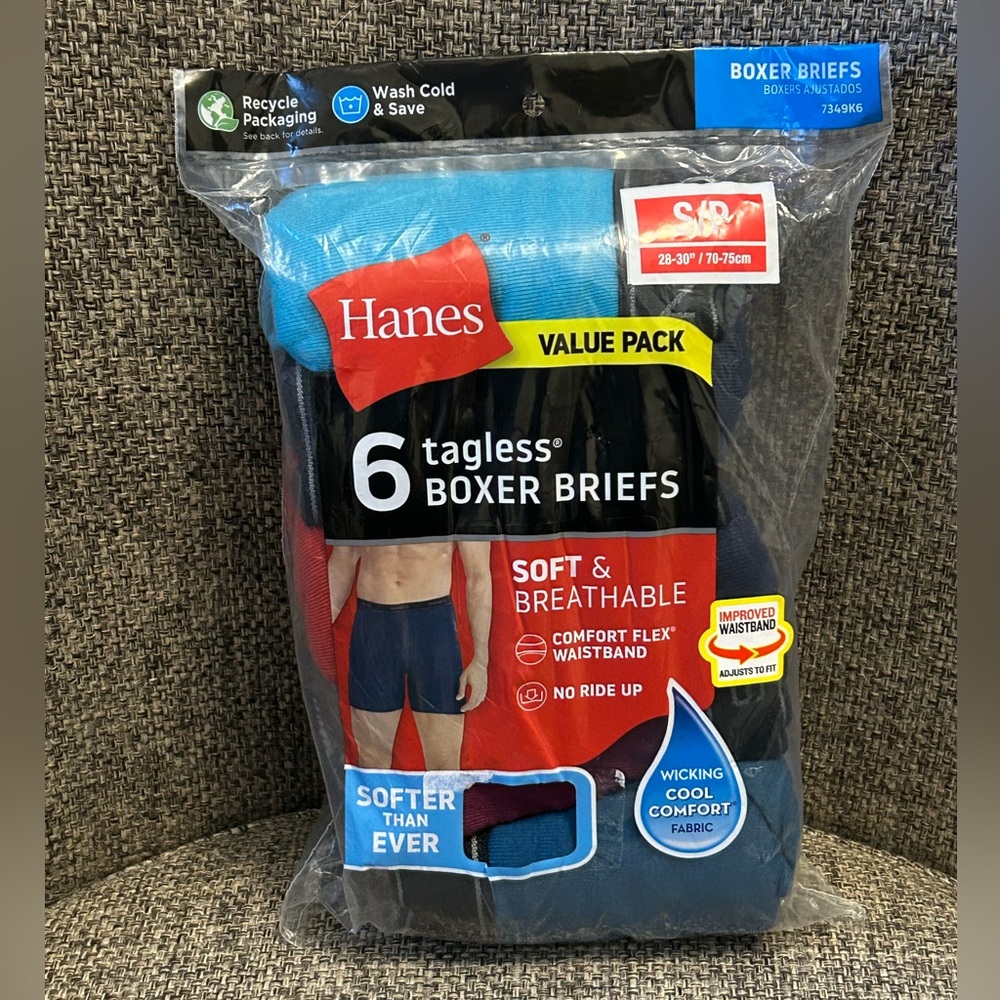 MENS HANES 6 PK TAGLESS COTTON BOXER BRIEFS COMFORT WAIST SOFT BREATHABLE SIZE S